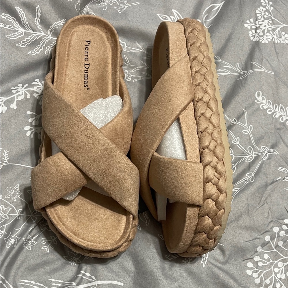 Pierre Dumas Tan Braided Platform Crisscross Slide Mules NWOT